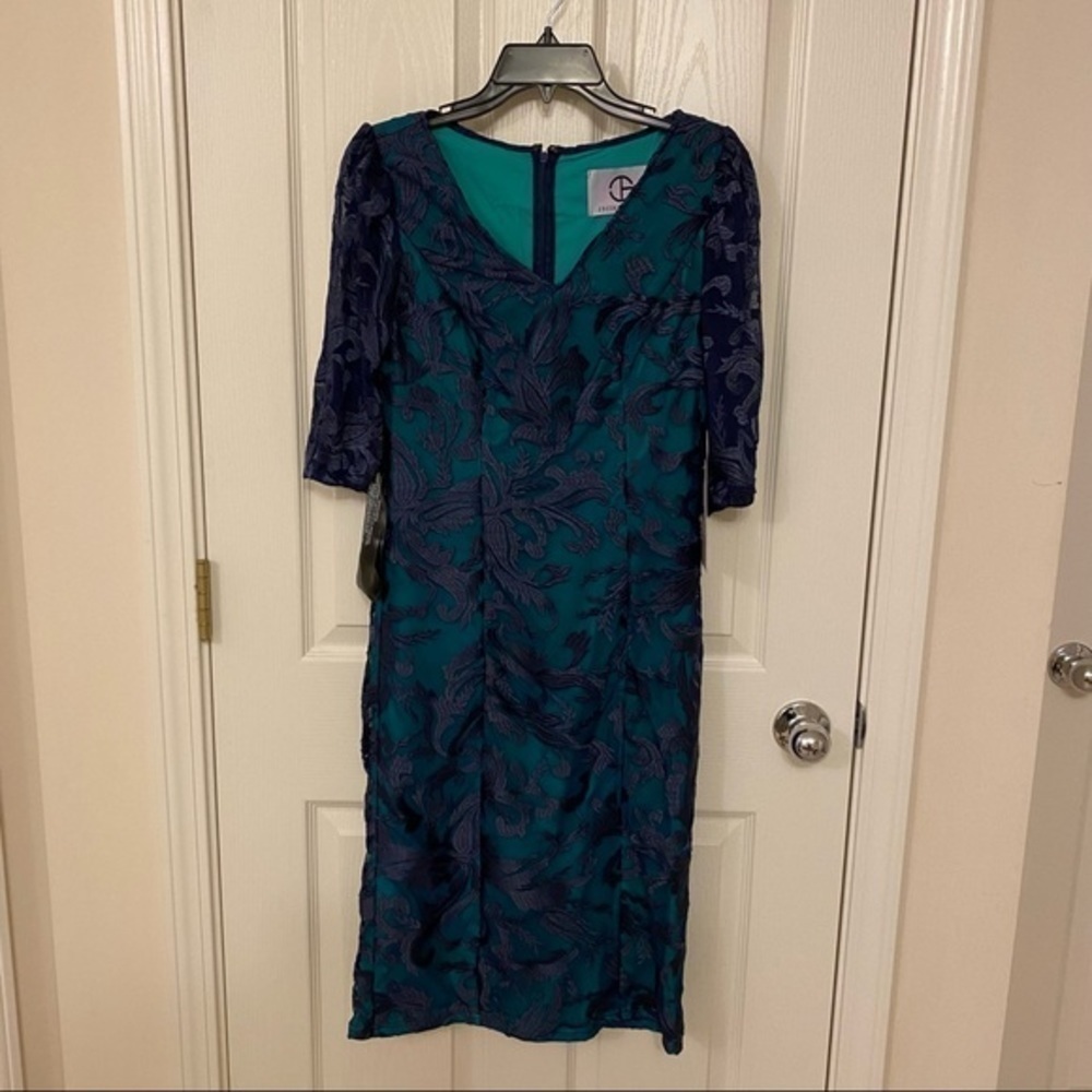 JS Collections Embroidered Sheath Dress in Navy Blue/Kelly Green - Picture 5 of 14